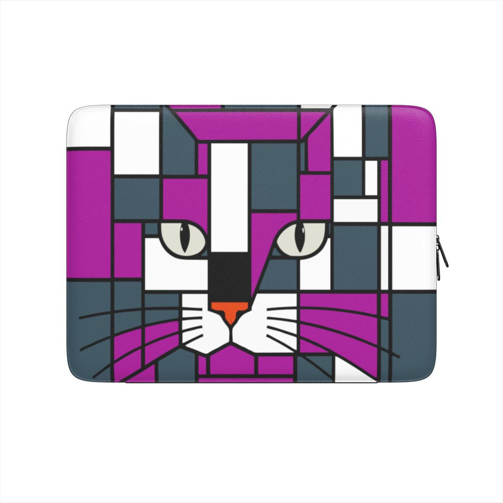 Moonlight premium laptop sleeve with a purple, dark silver and blue geometric cat face design, shown from the front.