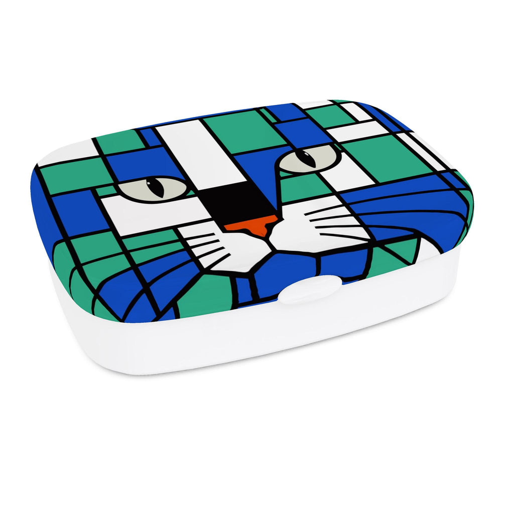 lunch box with a lid featuring a stylized cat face in a stained-glass pattern of blue, green, white, black, and a small orange accent, shown on a plain white background.